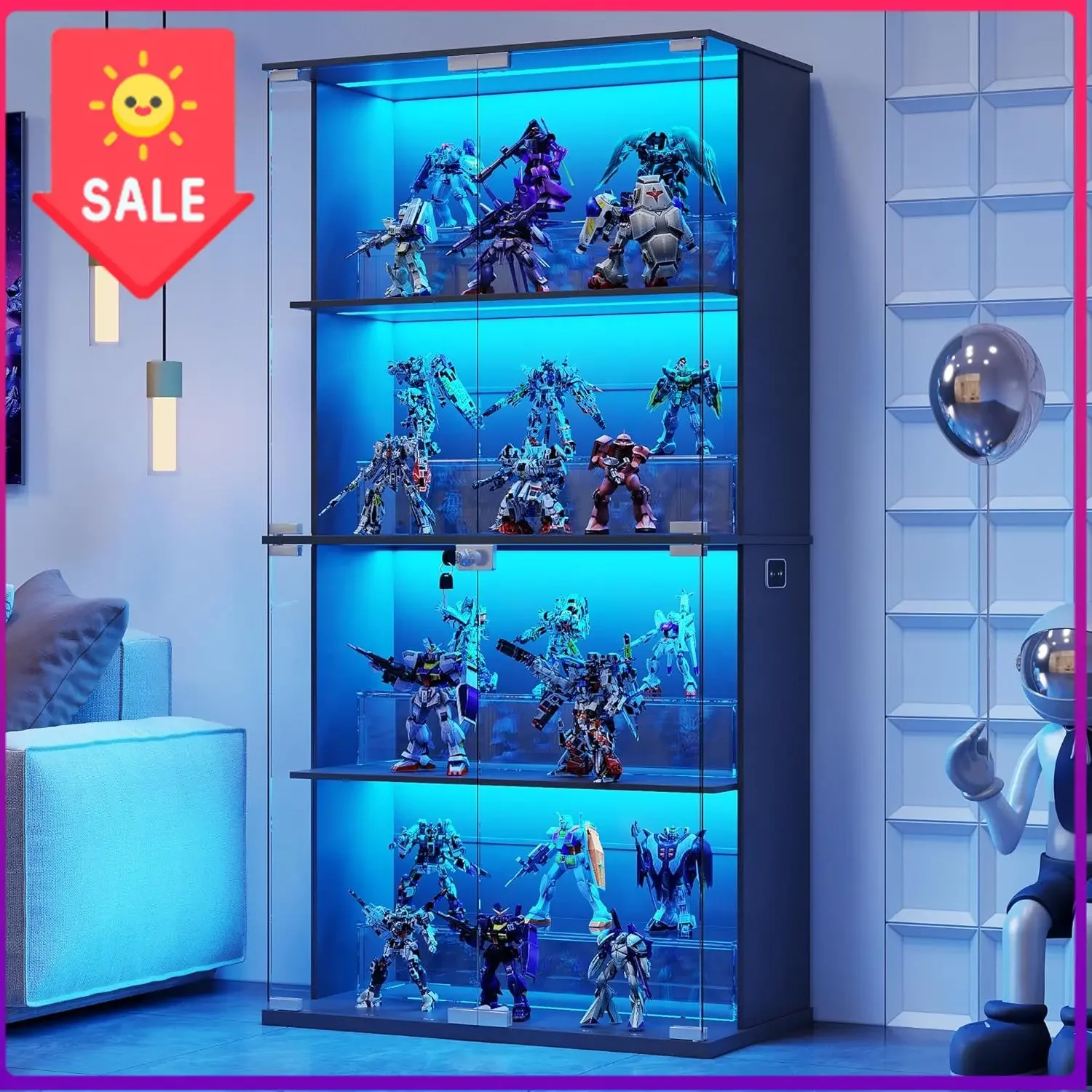 Locking Glass Display Cabinet with RGB Lights and Human Sensor - White | 5-Tier Shelves, Pop-Up Tempered Glass, 5 Dynamic & 7 St