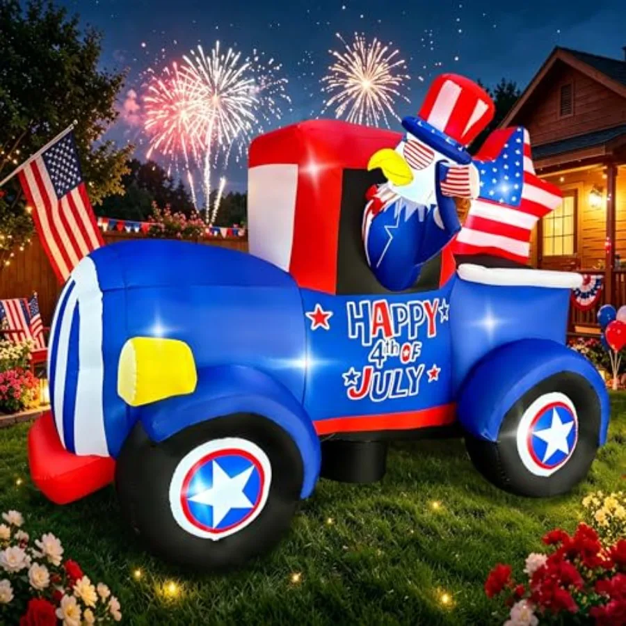 

Yard decoration inflatable truck for 4th of July and Memorial Day, PVC material, red-white-blue color, LED light-up eagle and s