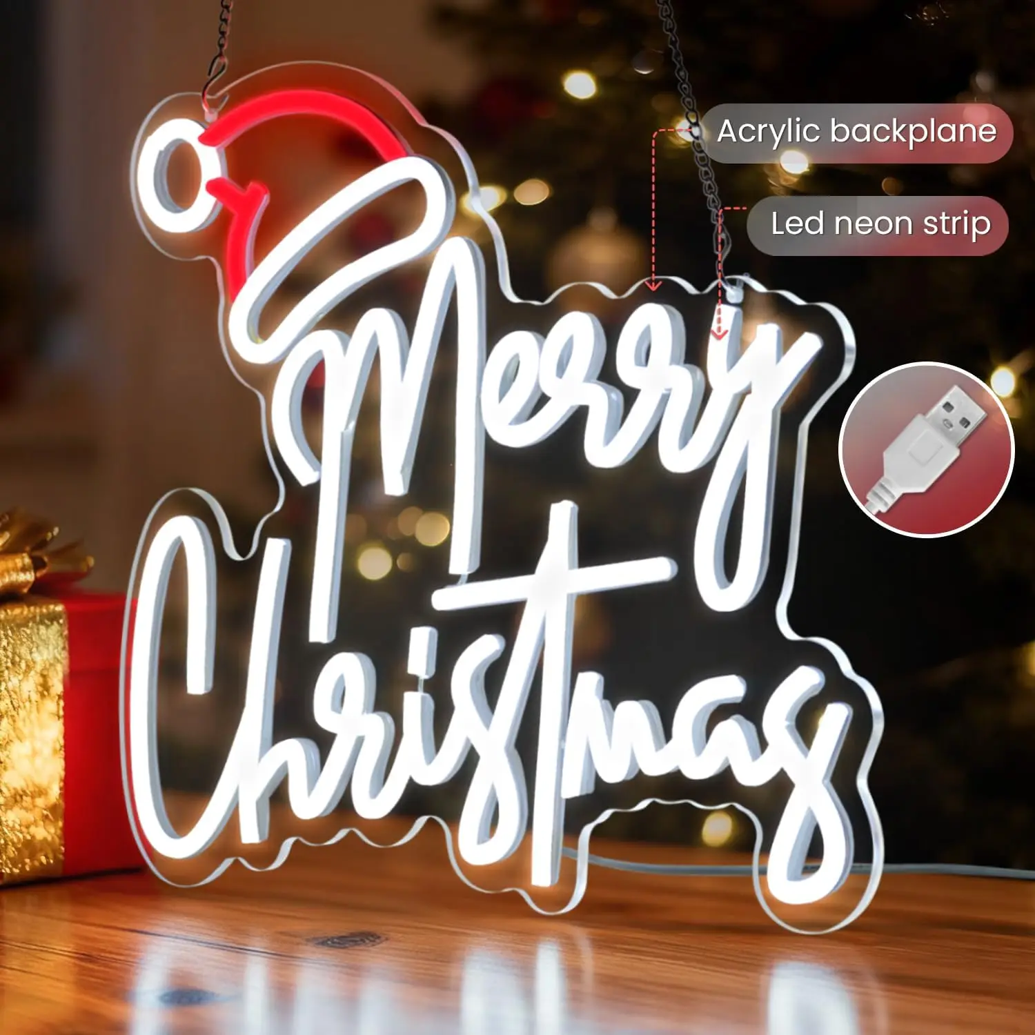 Merry Christmas Neon Sign USB Dimmable Santa Hat LED Neon Light for Home,Window Party Holiday Decoration Gift Xmas Light