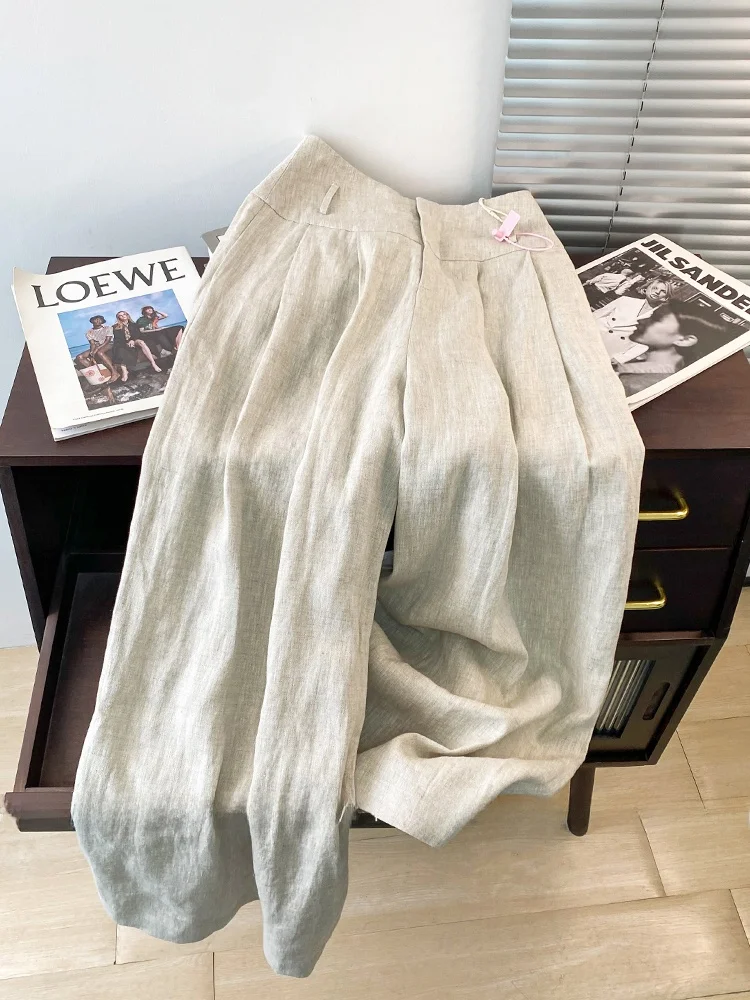 الرجعية القطن الكتان السراويل واسعة الساق تنورة المرأة فضفاضة عالية الخصر ثنيات عارضة خفيفة الوزن الكتان الطابق طول السراويل #1