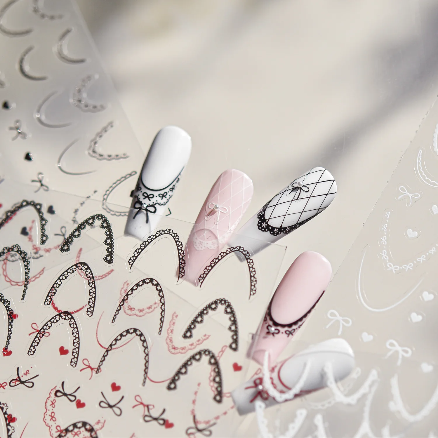Lace French Nail Art Stickers 3D Thin and Tough Ballet-style Nail Decorations Stickers Colors French Bow Love Adhesive Decals