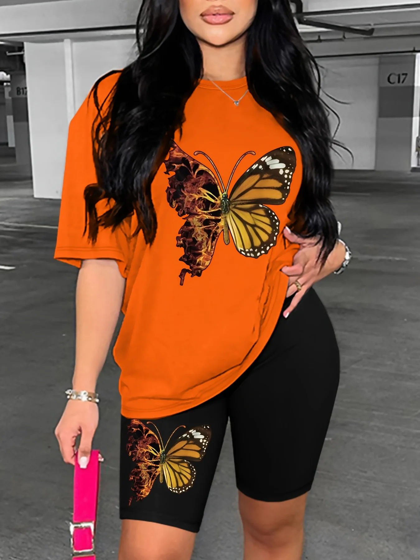 Women's Summer Casual Fashion Butterfly Pattern Printed Loose Round Neck Short Sleeved T-Shirt+Tight Shorts Two-Piece Set