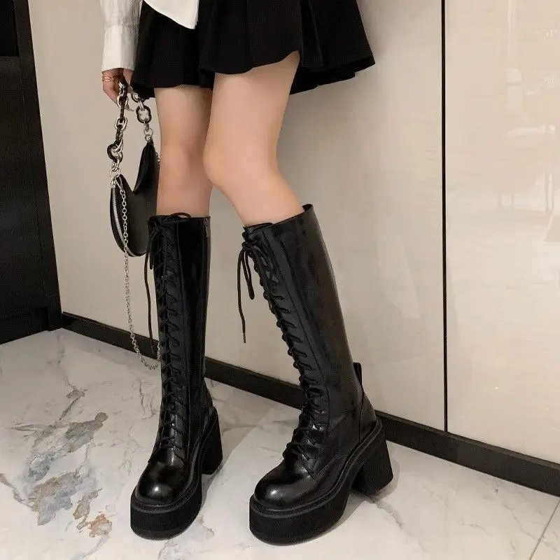 Women's thick leg long leg knight boots 2025 new summer thick soled lace up high boots
