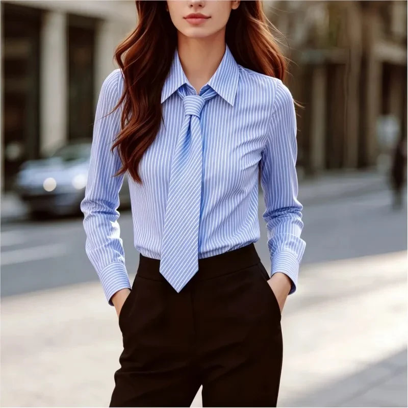 Women's Blue Striped Shirt with Tie Long Sleeve Button Down Blouse Slim Fit Office Lady Workwear Business Casual Top