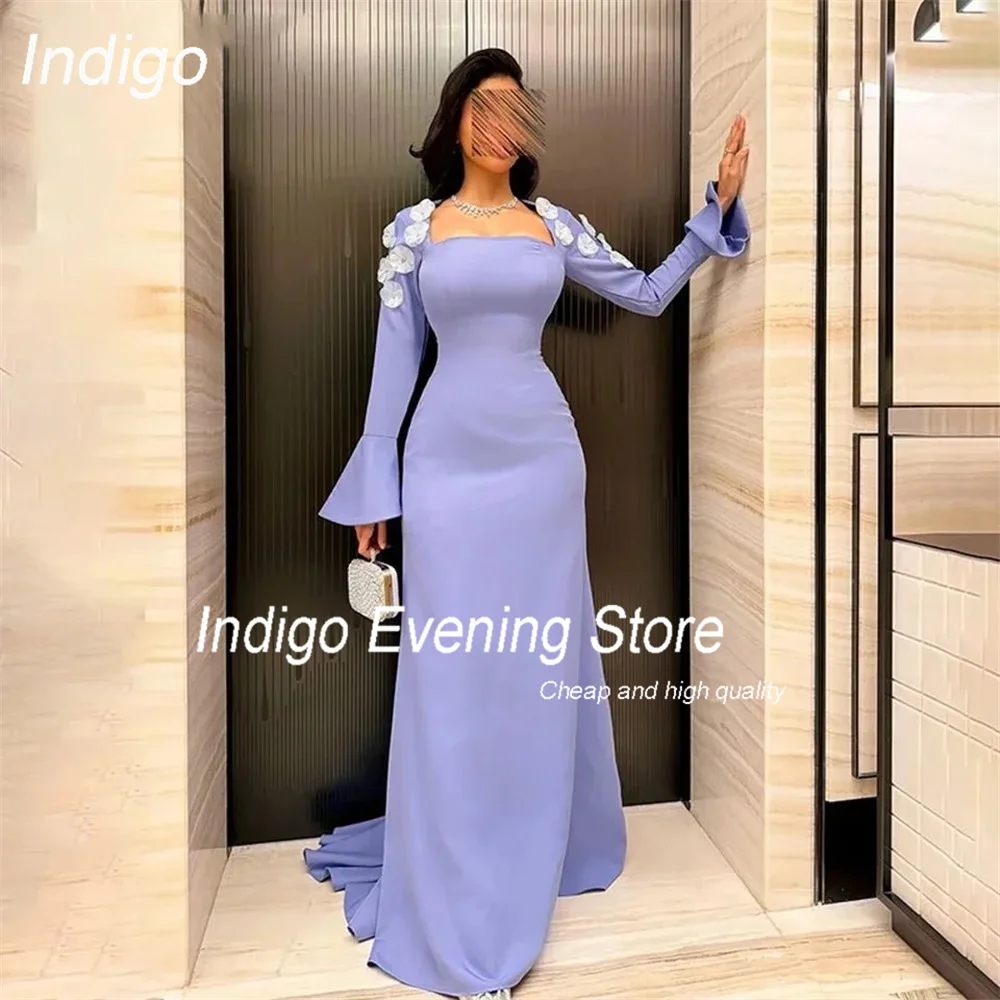 Indigo Mermaid Square Collar Long Sleeve 3D Flowers Evening Dresses Sweep Train Party Prom Gown Formal فساتين السهرة Customized