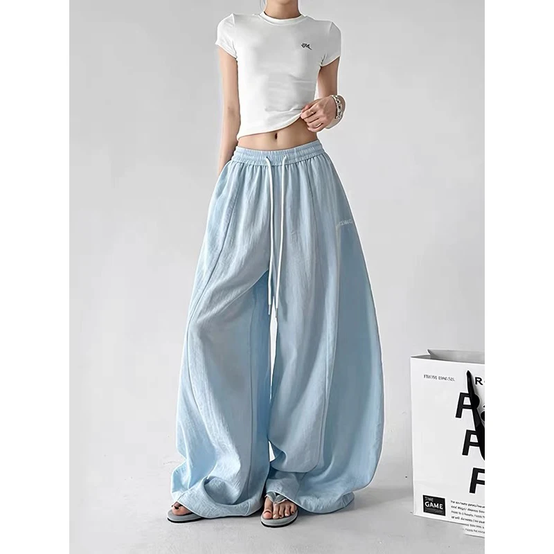 ZHIZOU Summer Women Harajuku Blue Y2k Long Trousers Baggy Jazz Pants Japanes Parachute Pants 2000s Wide Fit Grunge Hip-pop Punk