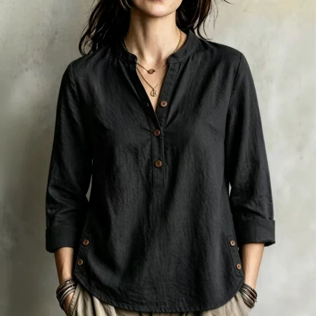 2026 Summary Loose Women's T-shirt Stand Necklace Side Button Half-button Lines Three-quarter Sleeve Shirt Wedding Dress Boho