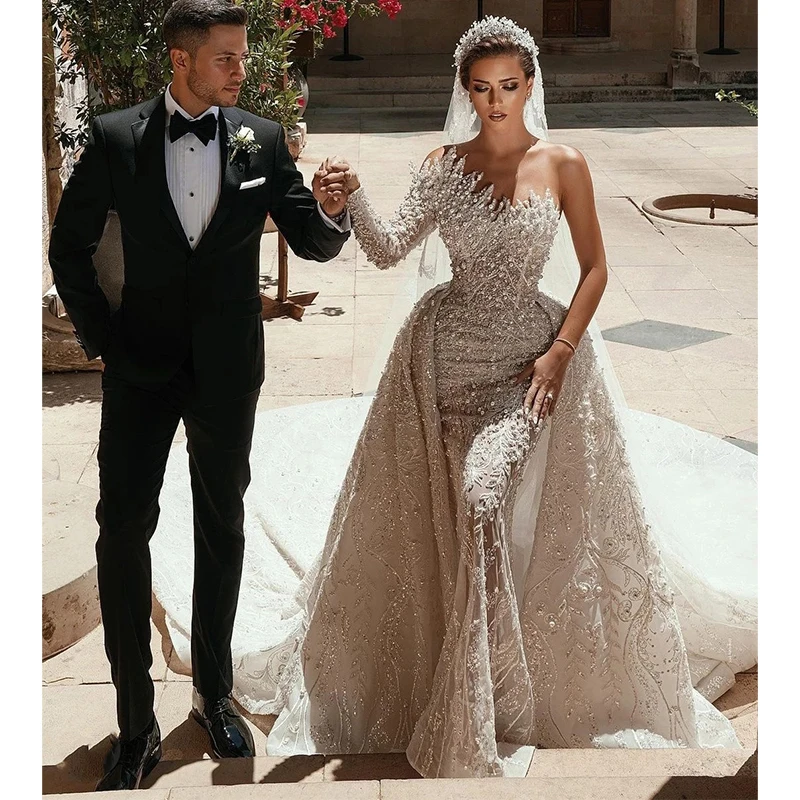 2024 Luxurious Mermaid Wedding Dress One Shoulder Sweetheart Applique Beading Pearl With Detachable Train Wedding Robe De Mariée