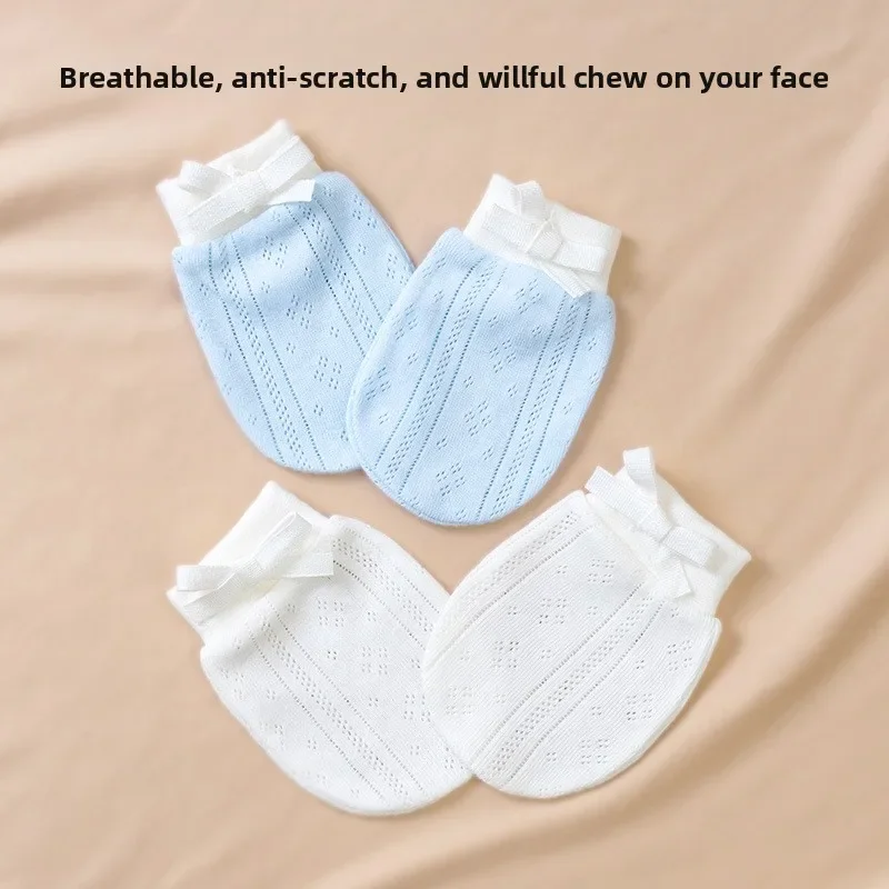 

0-3 Months Newborn Pure Cotton Anti-Scratch Gloves - 4-Season Thin Protective Mittens for Face Protection