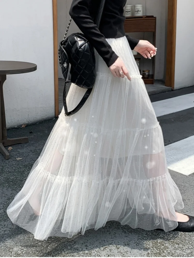 

SMTHMA сетчатая юбка женская, новинка 2025, осень-зима, роскошная роскошная черная, белая, длинная утягивающая юбка трапециевидной формы с бриллиантами