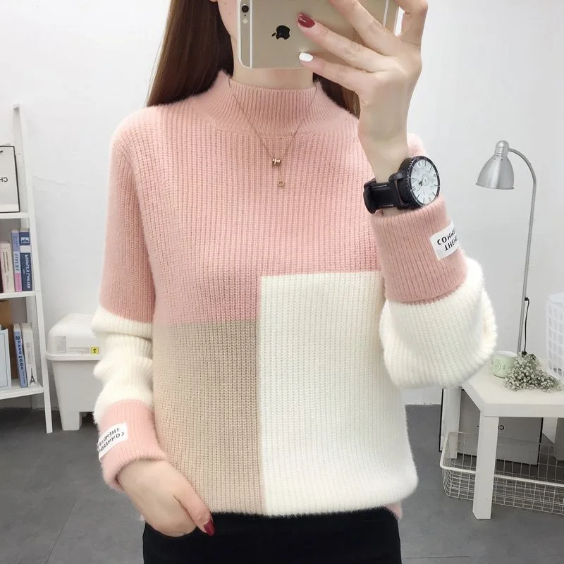 Femmes chandails et pulls 2025 nouveau automne hiver couleur bloquant tricoté pull décontracté élégant épaissir pull à col roulé