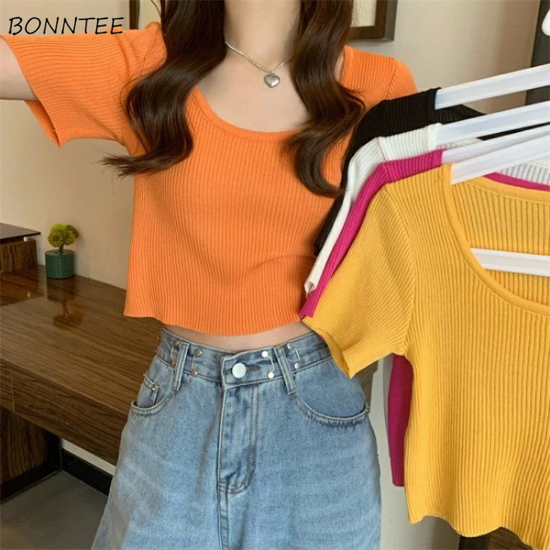 6 Colors Knitted T-shirts Women Basic Simple Crop Tops Summer Thin Square Collar Sexy Fashion Korean Style All-match Female Chic