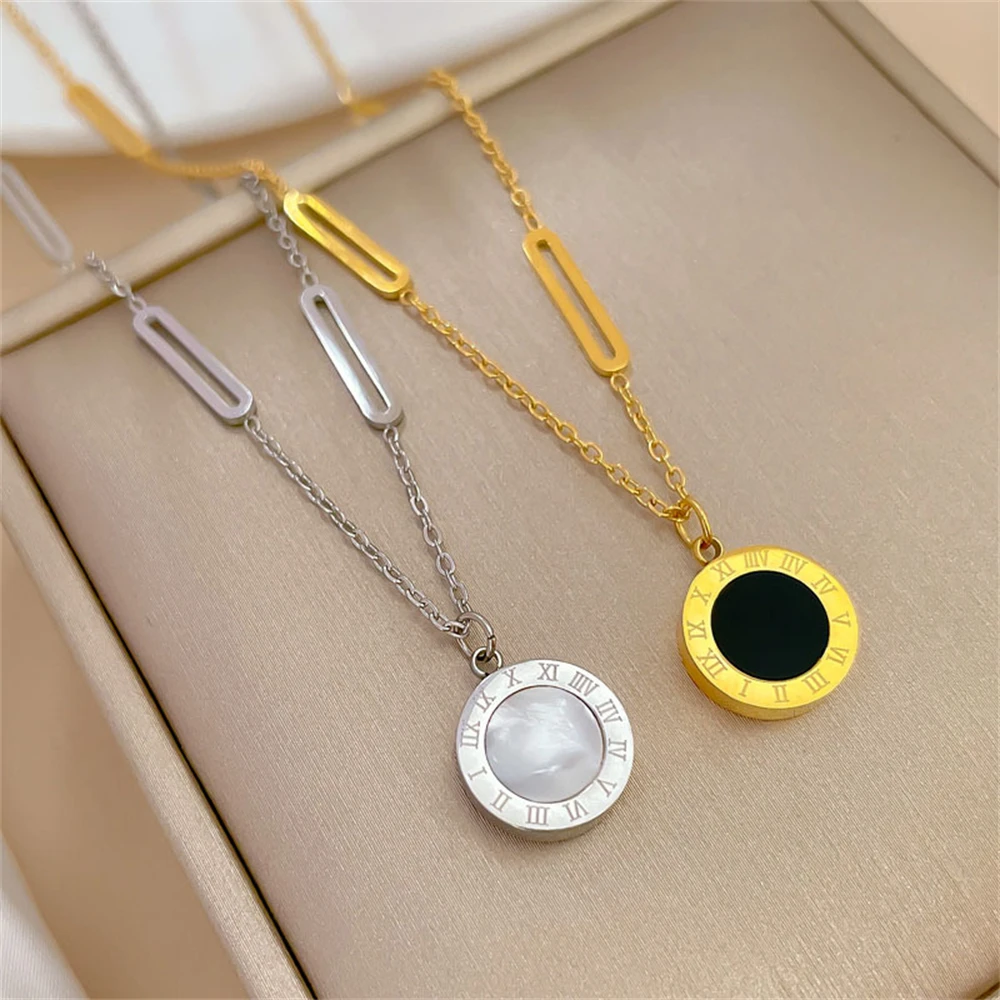 Minimalism Fashion Stainless Steel Roman Digital Necklace Geometric Circle Clavicle Chain Necklace Party Women's Jewelry