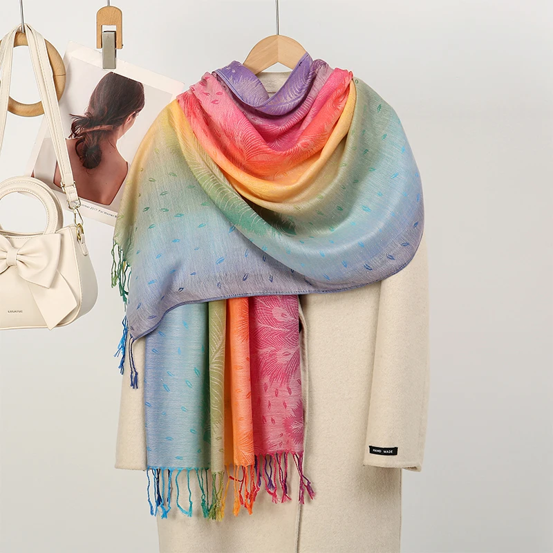 2025 נשים חורף פשמינה שאל עבה פייזלי ג'קארד צעיף מקרון קשת צבע נסיעות עמיד לרוח מוסלמי חיג'אב עטיפה פונצ'ו