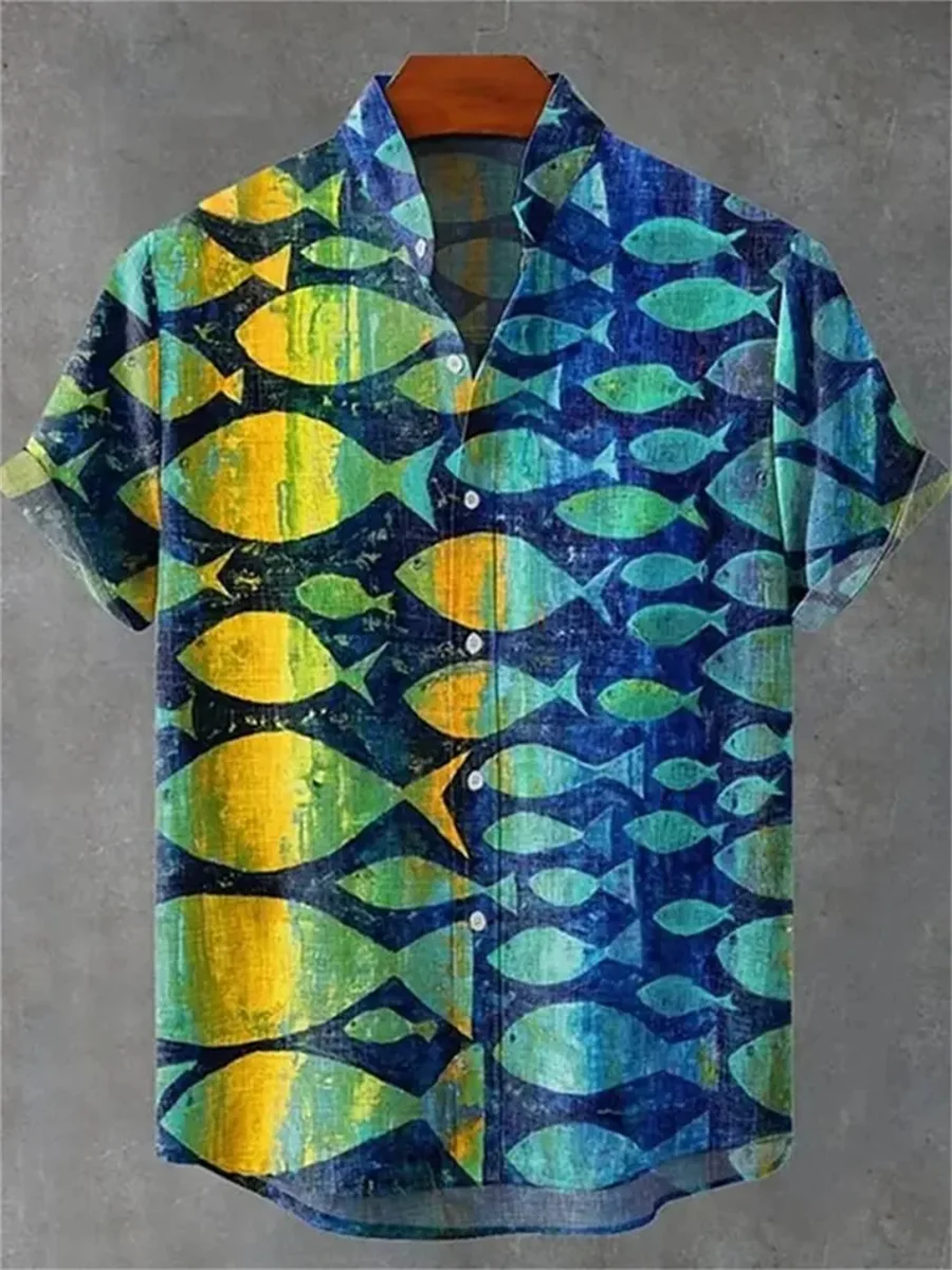 2025 Men's New Retro Style Fish Pattern Print Men's Casual Linen Comfortable Fabric Short Sleeve Shirt Button Stand Collar Top