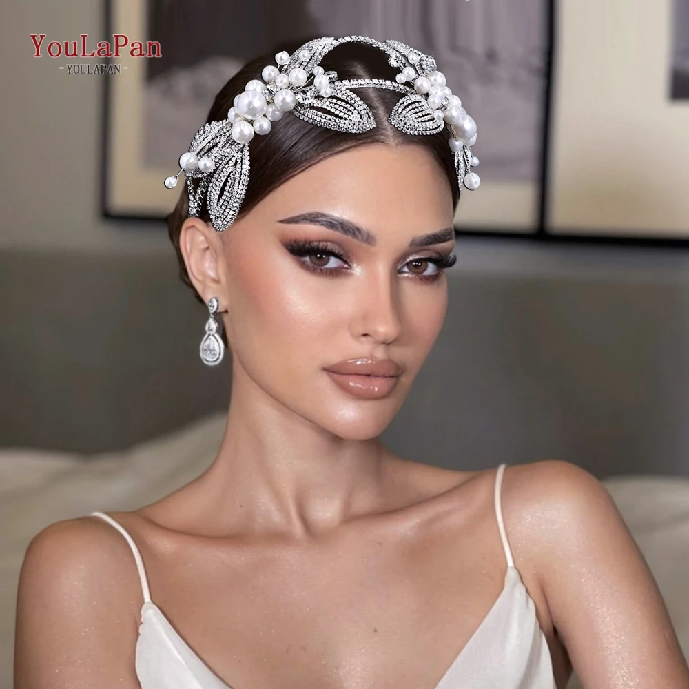 YouLaPan Bridal Rhinestone Chain With Big Pearl Hair Hoop Wedding Headwear Hair Accessories Bridesmaid Party Headdress HP648