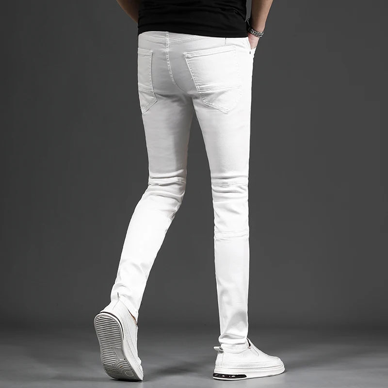 White Cotton Men's Jeans Korean Style Slim Fit Pants Streetwear Casual Double Pockets Stretch Denim Trousers CP2197