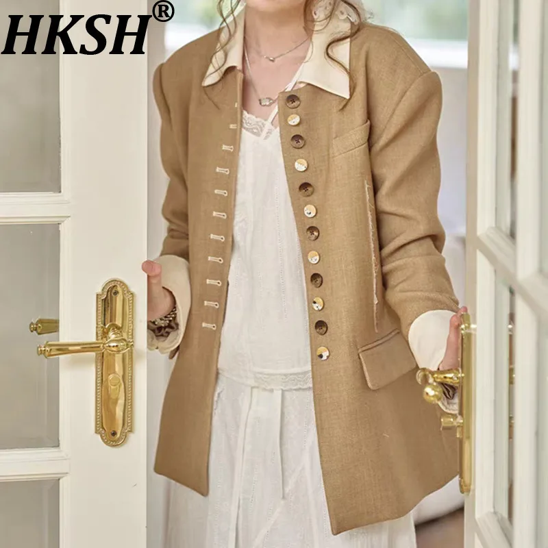 

HKSH Spring Autumn New Women Blazer Single Breasted Color Block Patchwork Turn-down Collar Distressed Temperament Jacket HK12168