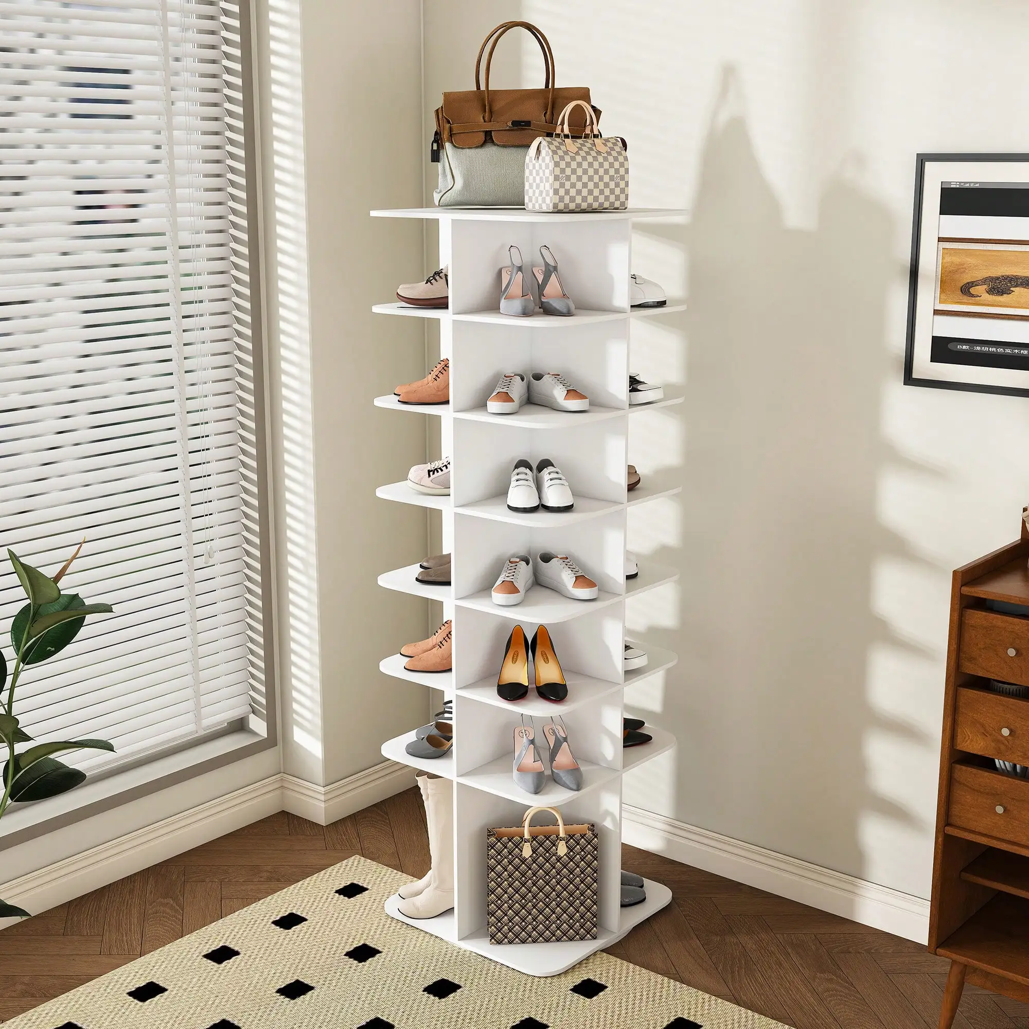 Modern Space Saving Shoe Rack | 7-Tier Rotating Shoe Tower | Multi-Purpose Storage Organizer With 360° Spinning Lazy Susan Design | Fits 28 Pairs Home Closet Organization | Nordic Style Home Decor (7-Layer, White)