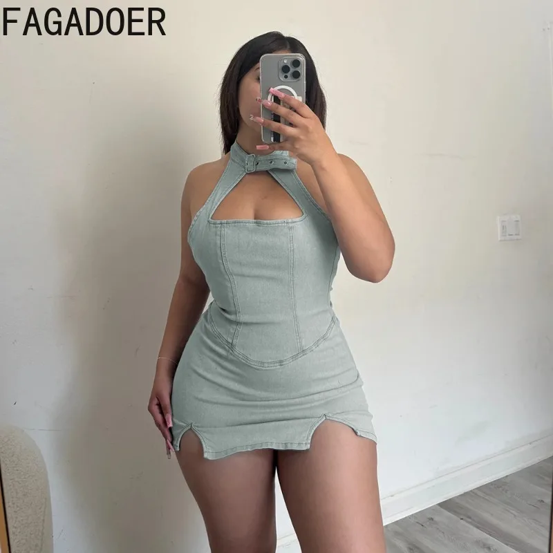 FAGADOERแฟชั่นHollow Out Denim Bodyconมินิชุดผู้หญิงHalterแขนกุดBacklessหญิงStreetwear Vestidos 2025