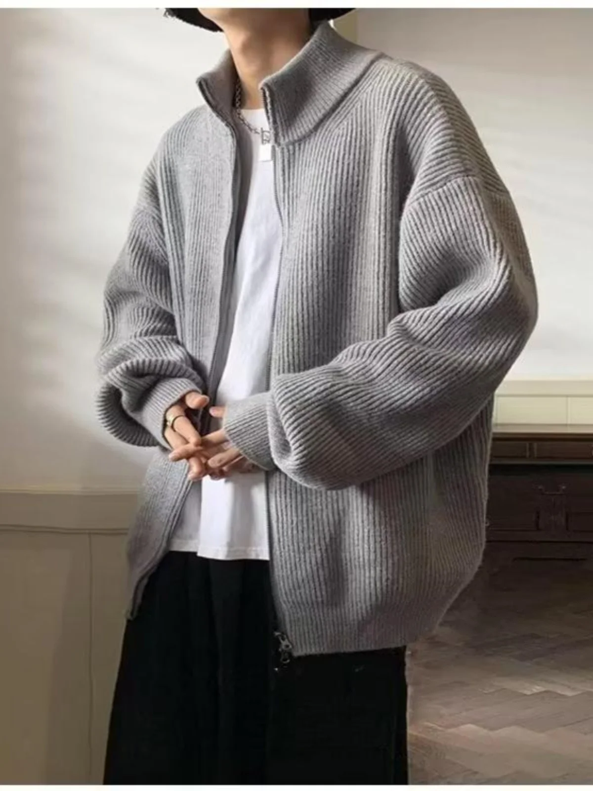 الرجال المفتوحة سترة سترة سستة تريكو فضفاض كسول Sle ملابس خارجية الخريف الشتاء اليابانية الرجعية طويلة Sve ألياف البوليستر #5