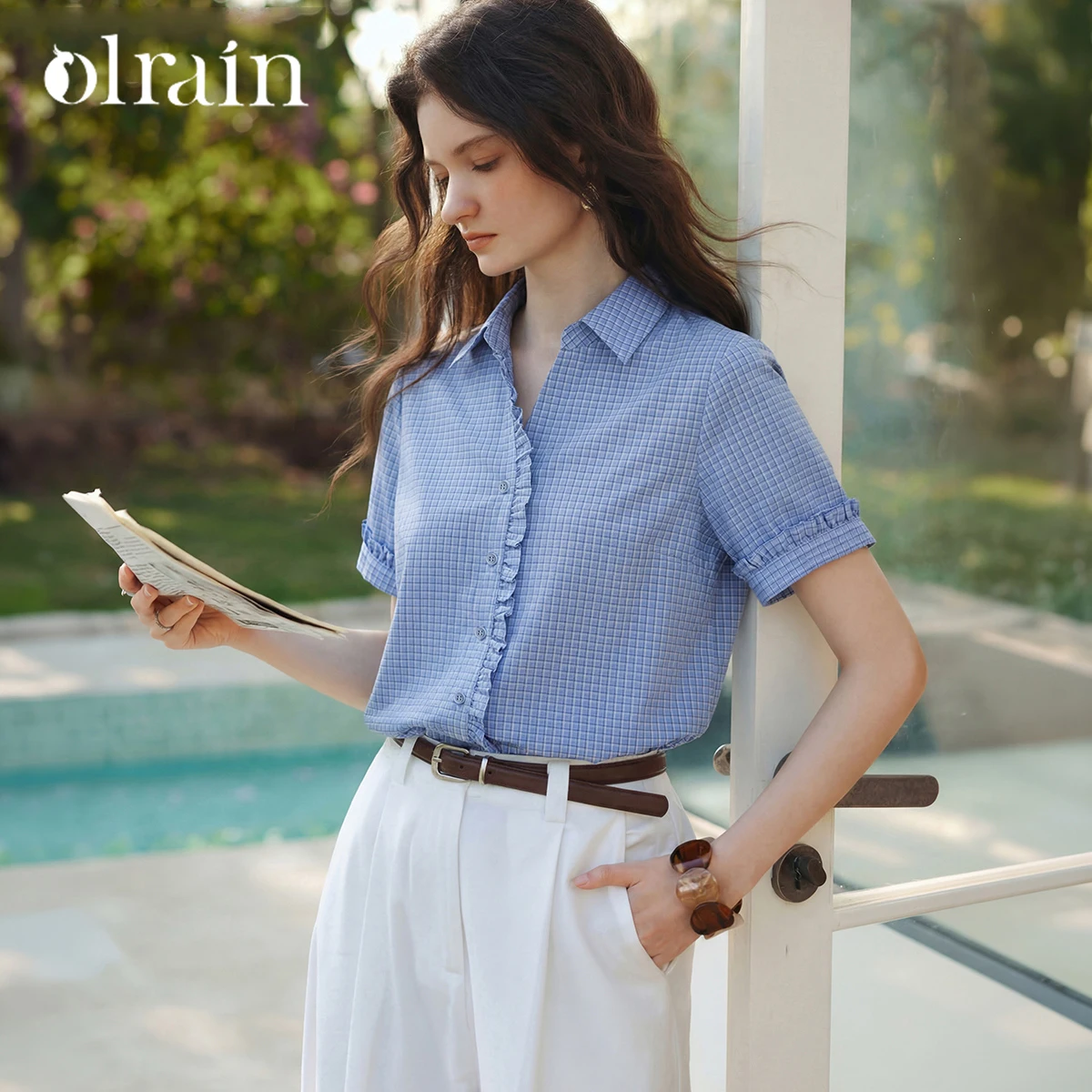OLrain Blue Women's Casual Plaid Shirt 2026 Summer Ruffle Trim Spliced Commuter Versatile Loose Short Sleeve Blouse O58XC005828