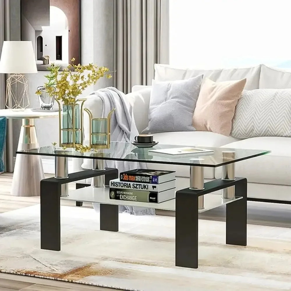 

Rectangle Glass Coffee Table 2-Tier Tea Table Modern Side Coffee Table for Living Room