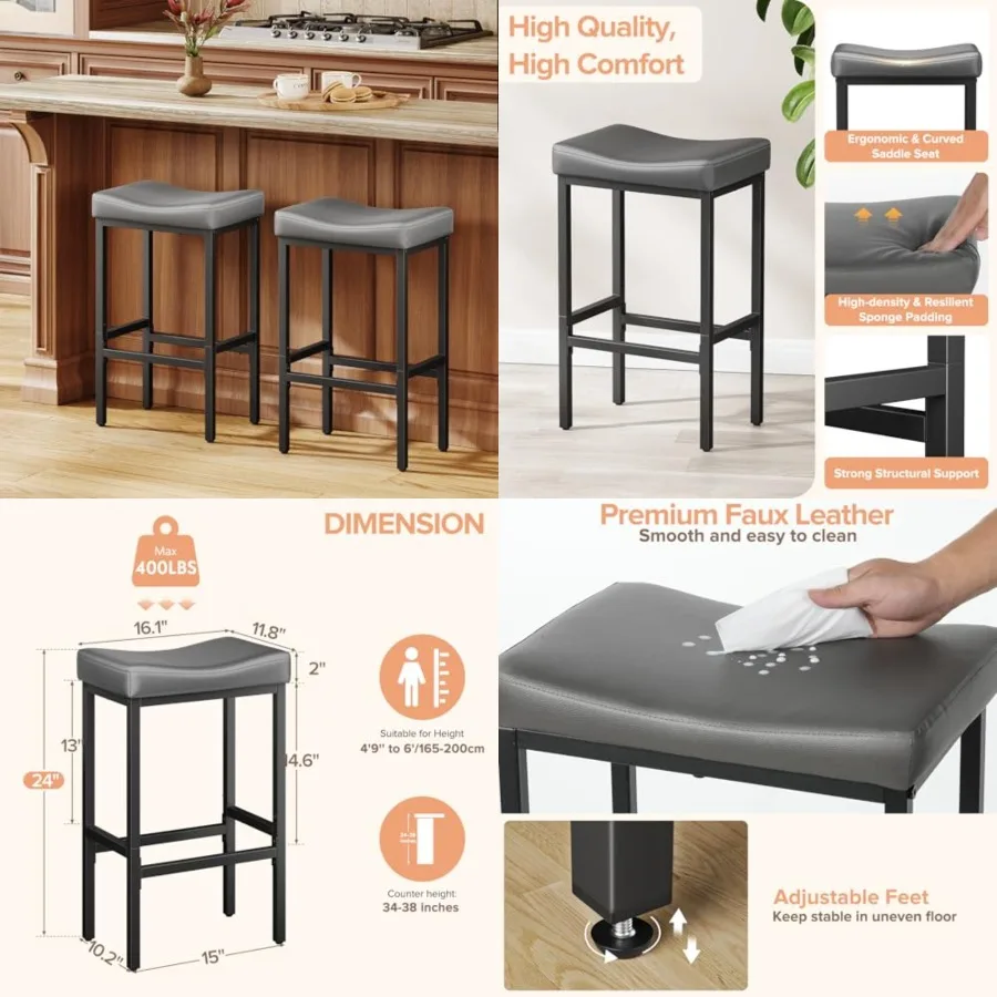 

24 Inch Counter Height Bar Stools Set of 2, Compact Counter Stools for Small Spaces, Premium Faux Leather Barstools with Right-