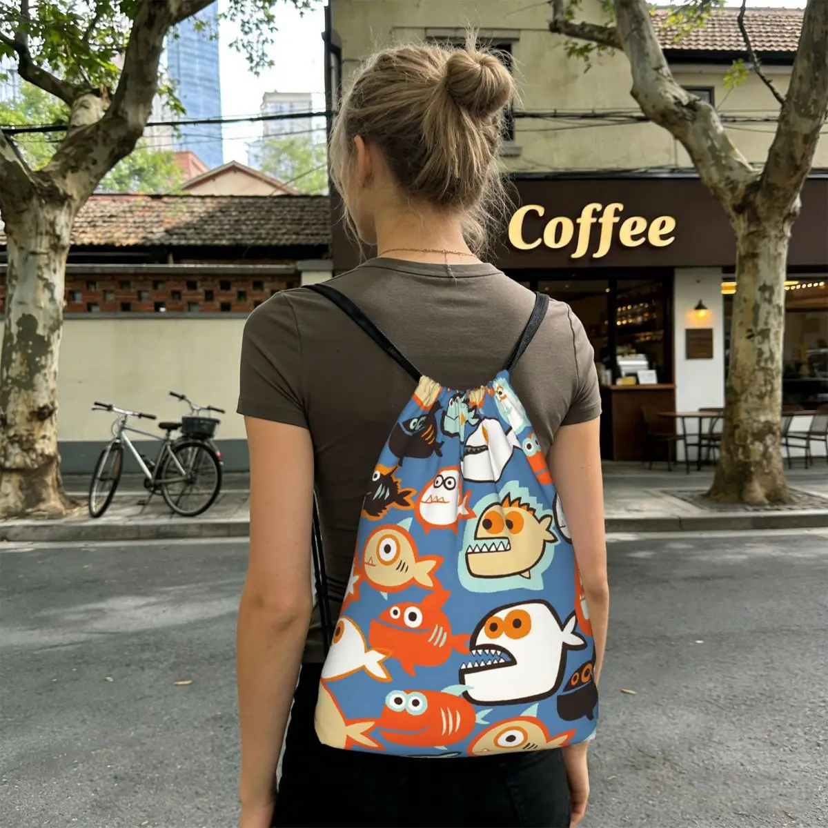 Strange Orange Fish Pattern Backpacks Portable Drawstring Bags Sports Bag Book Bags for Travel Student