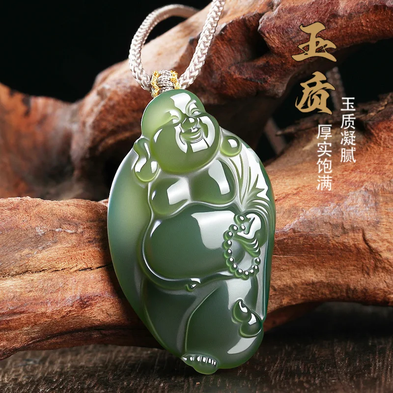 Natural Xinjiang Hetian Jade Russian Jasper Old Material Jade Carefree Buddha Pendant for Women Crafts Gifts