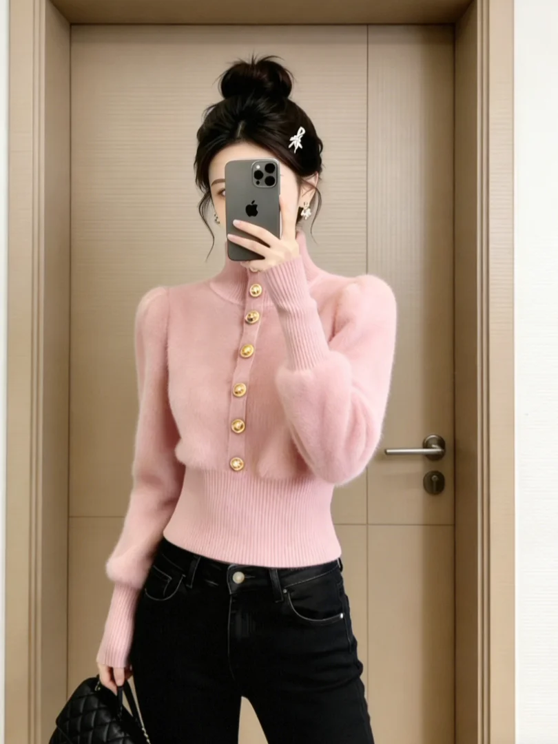 

Unique Beautiful Korean Sle Winter Faion ort Knitted Pink Sweater Inner Wear Top Ele Luxury Casual Women's Clothes