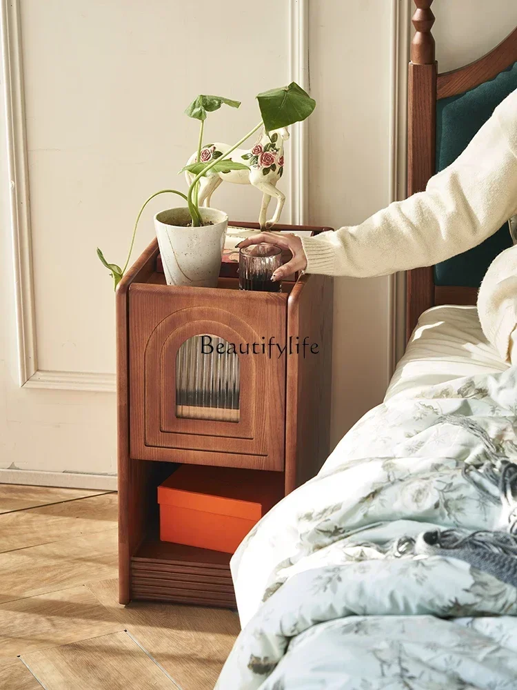 

1lFrench Retro Solid Wood Bedside Cabinet Bedroom Narrow Drawer Mid-Ancient Style Modern Minimalist Bedside Cabinet