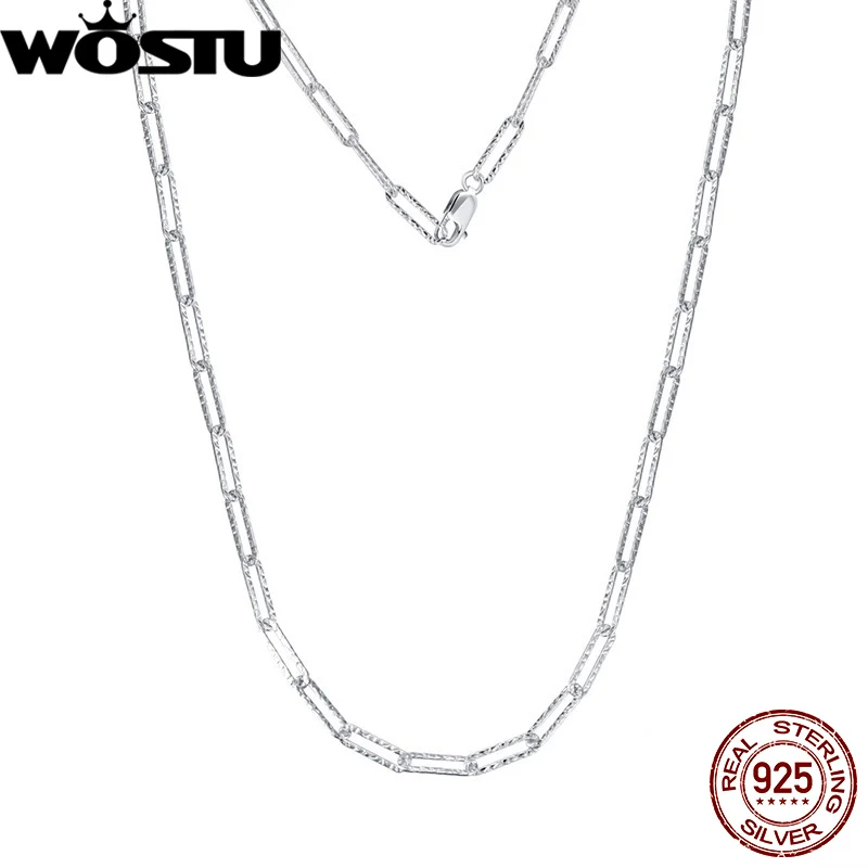 WOSTU Genuine 925 Sterling Silver Paper Clip Necklace Basic Box Chain Bead Stackable Necklace for Women Jewelry Accessores 45cm