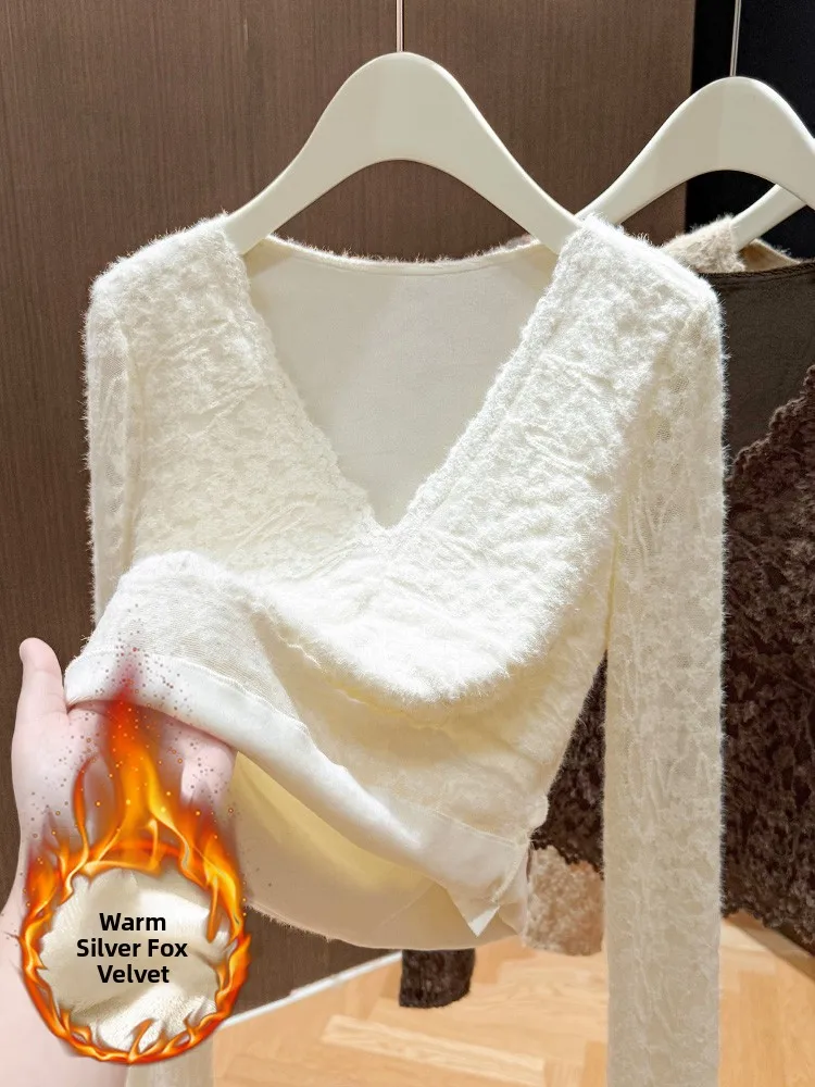 

Ladies' Fce-Lined Brued Lace V-Ne ort Top Silver Velvet Underwear irt Warmth Autumn Winter Faion mat ...