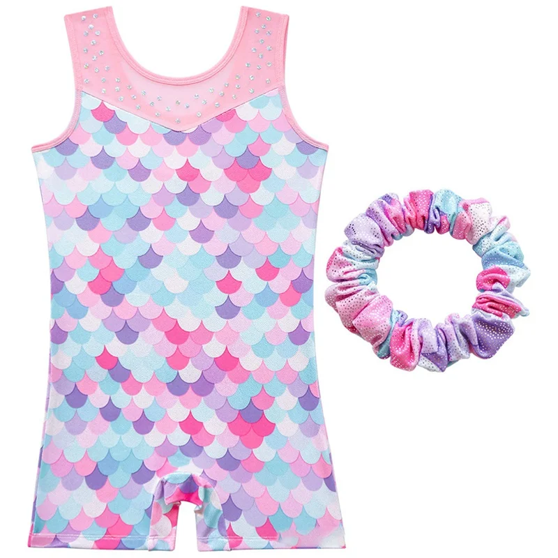 Leotards for Girls Gymnastics with Shorts Dance Biketards Tumbling Matching Hair Scrunchie 3-10 Years