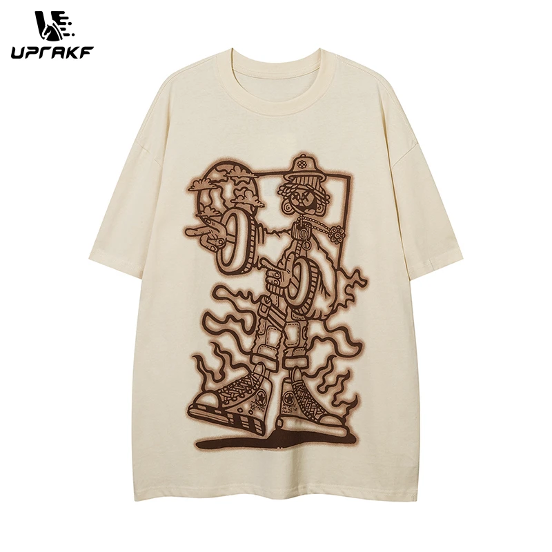 UPRAKF Streetwear Cartoon Graphic Print Crew Neck Summer Fashion Tee Oversize Casual Short Sleeve Cotton