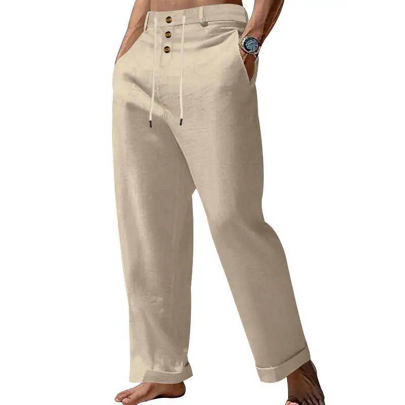 New Men's Casual Cotton Linen Straight Leg Beach High Waist Loose Fit Trousers Fashionable Spring Autumn Wear for Men