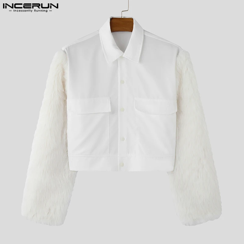 INCERUN Men Casual Truncated Long Sleeve Shirts 2024 Fashion Feather Splicing Tops Handsome Elegant Loose Commuting Blouses