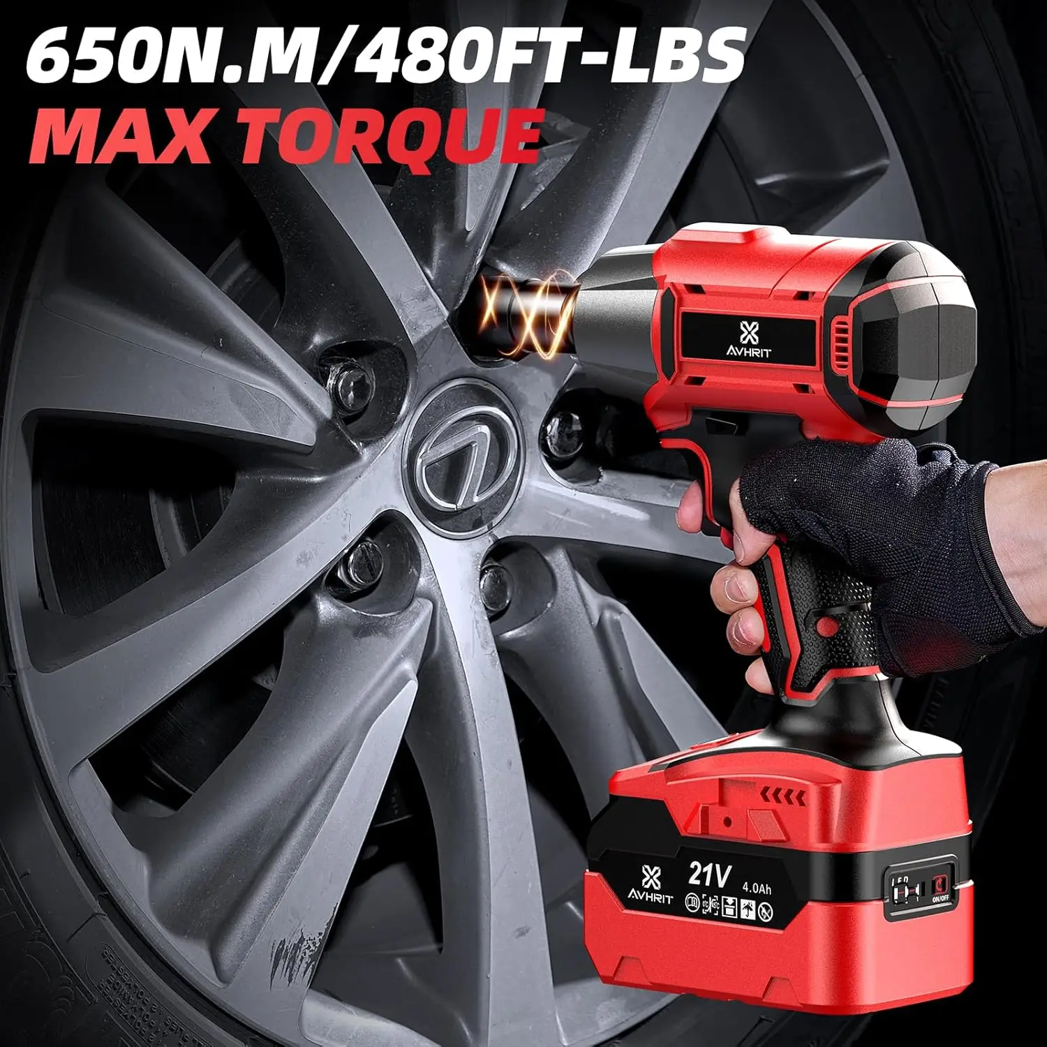 Cordless Impact Wrench 1/2 Inch 480Ft-lbs(650Nm) Brushless 1/2 Impact Gun w/ 2x 4.0Batteries Fast Charger Electric Impact Driver