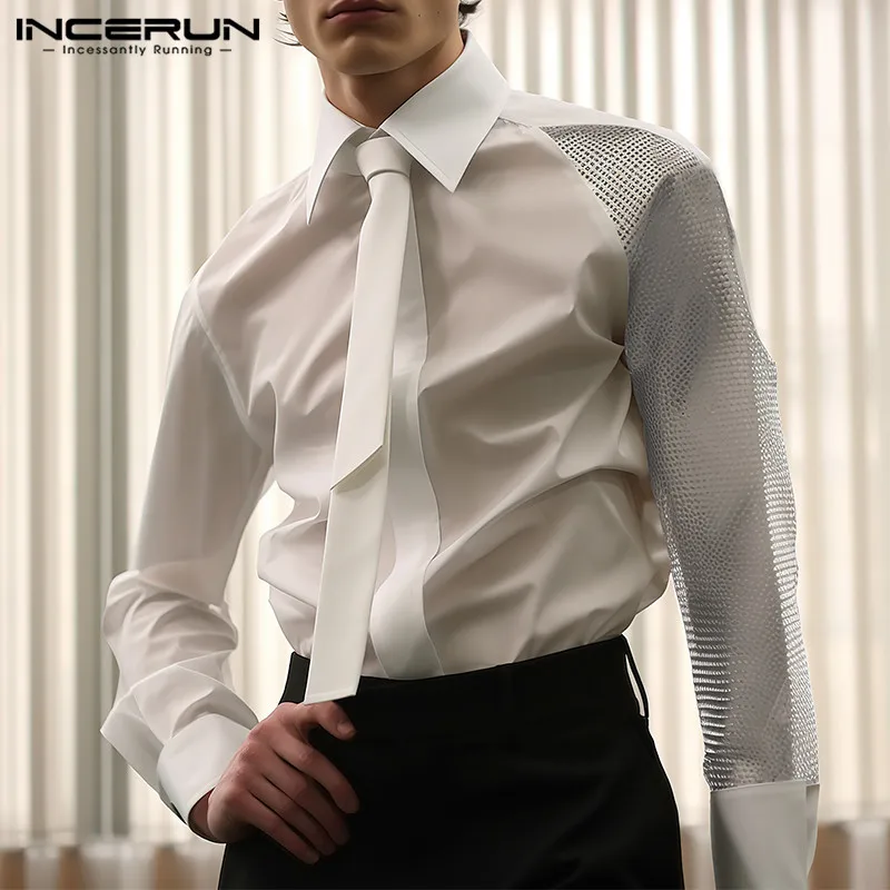 

INCERUN Tops 2024 American Style Men's Patchwork Mesh Hollow Design Shirts Casual Male Solid All-match Long Sleeved Blouse S-XL