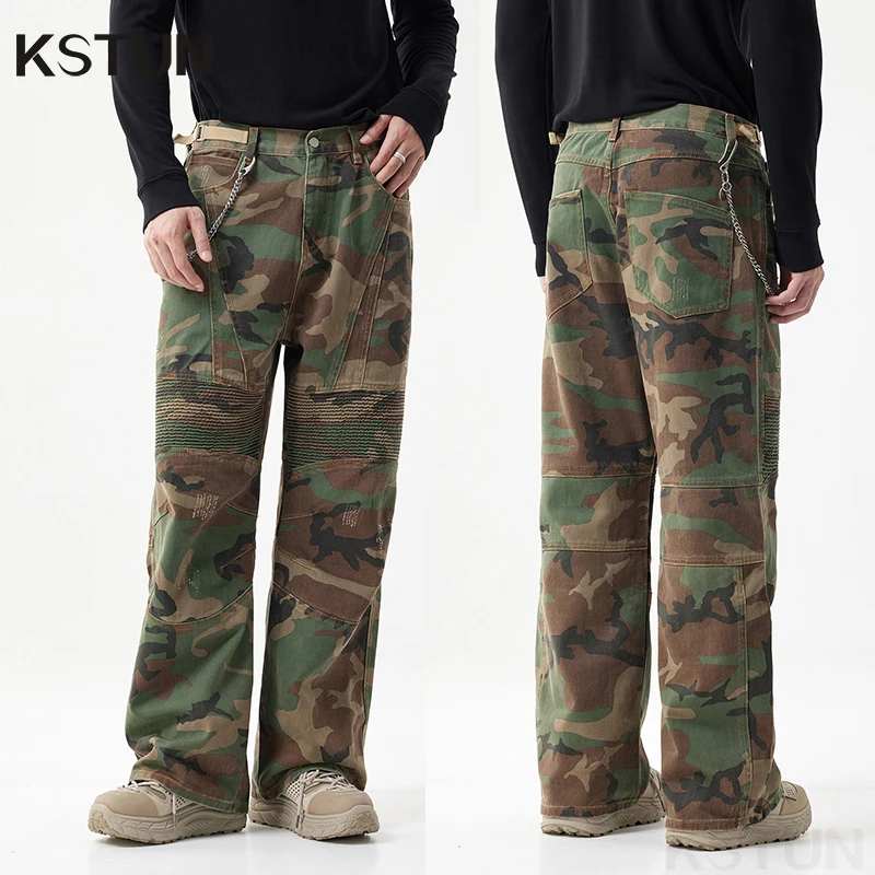 

KSTUN Men Camouflage Pants Loose Baggy Wide Leg Cargo Pants Male Trousers Striped Pleated Streetwear 100% Cotton 2024 Newly Kpop