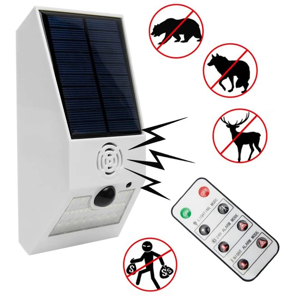 Luce di allarme solare, luce stroboscopica solare con rilevatore di movimento luce di allarme solare, rilevatore di movimento con telecomando bianco