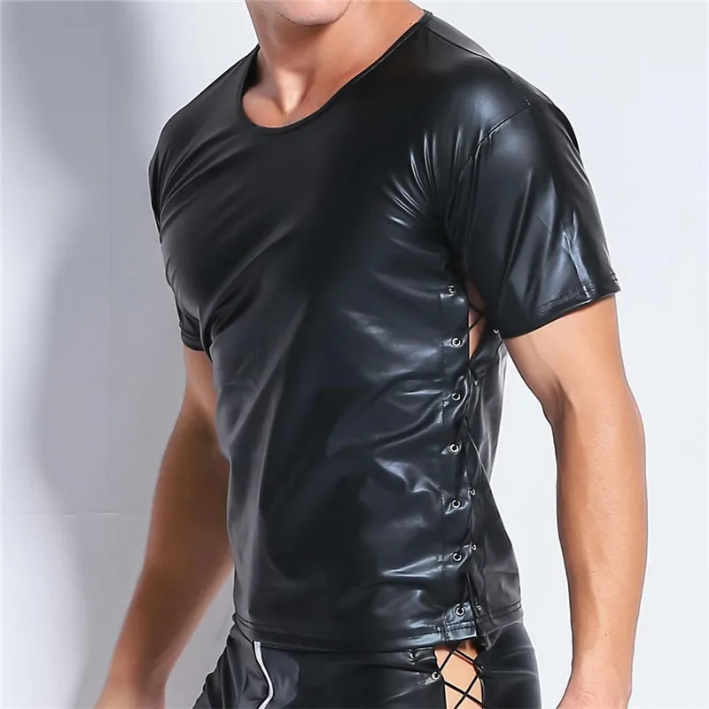 Men Wetlook leather Short Sleeve T-Shirts PU Leather Side slit Bandage Fitness Top Gay Latex T-shirt Stage Tops Party Clubwear