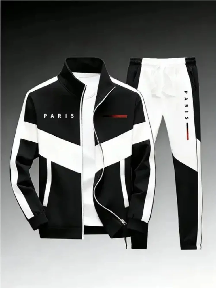 Conjunto Deportivo de 2 Piezas para Hombre, Chaqueta con Cierre Completo y Cuello Alto con Estampado PARIS en Bloques de Color, Pantalones Deportivos, Ropa Deportiva Informal