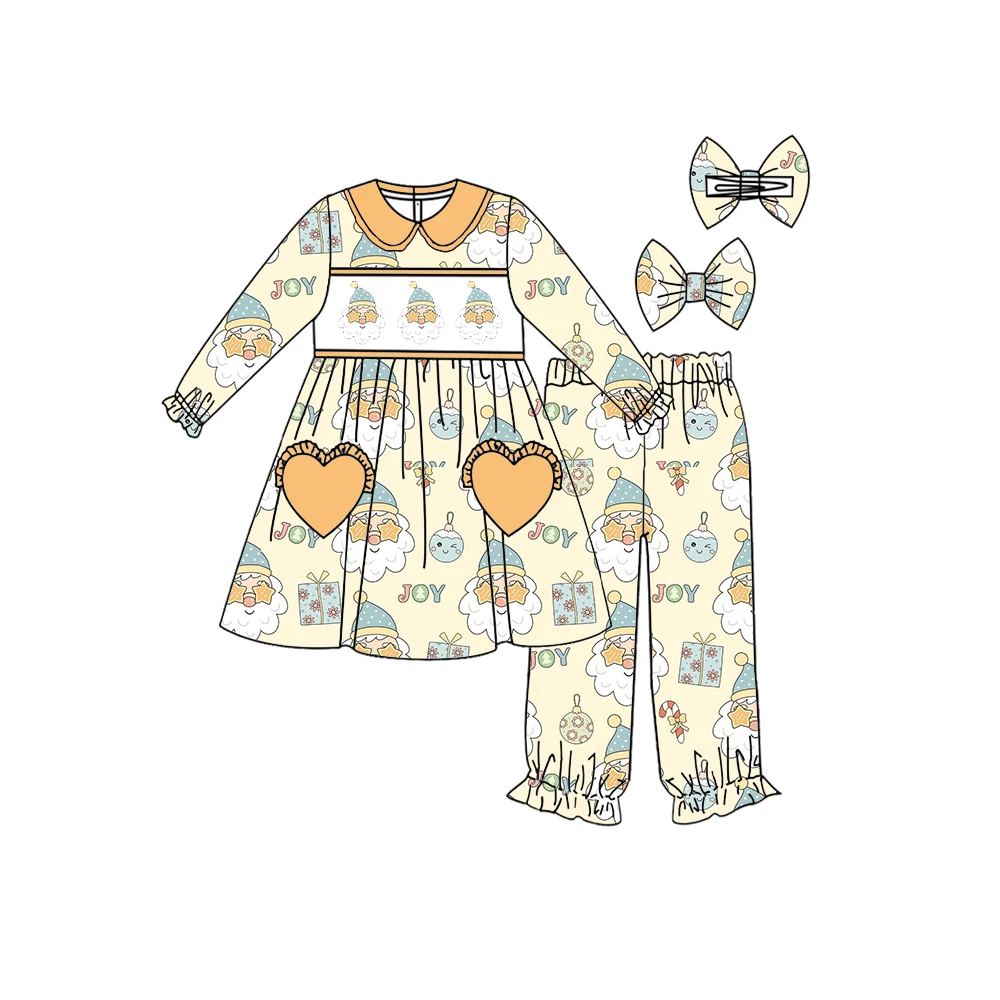 

Новые рождественские детские пижамы для девочек, оранжевые пижамы с карманами Love, комплект брюк с короткими рукавами и принтом элементов Санта-Клауса