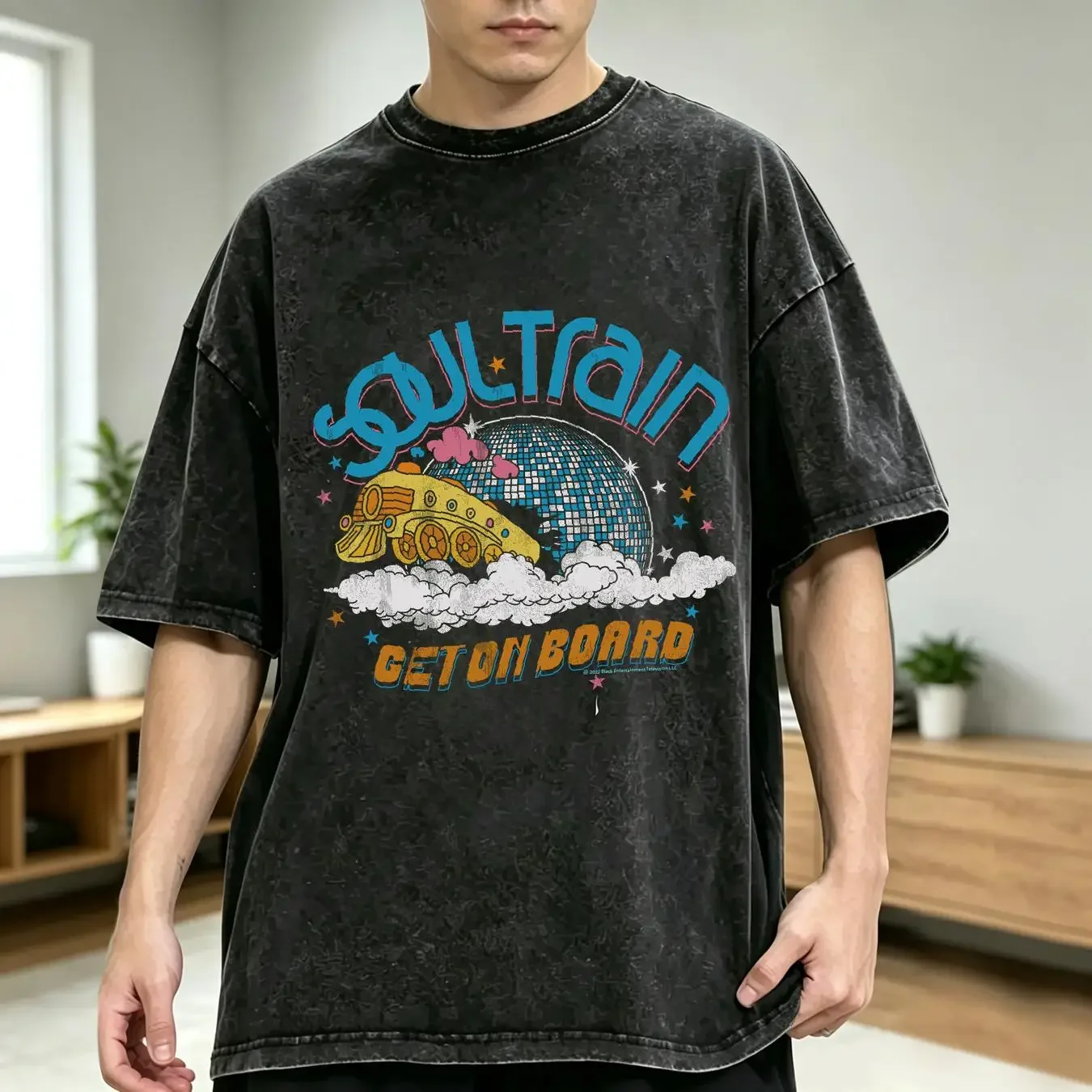 washed T Shirt Soul Train Get on Board Men's Disco Ball Moon Black TV Show 70's vintage Washed Stylish Stretched Breathable