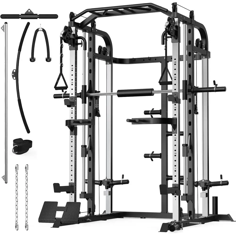 Versatile Power Cage with Smith Bar and Cable System, Including Lat Pulldown for Home Gym