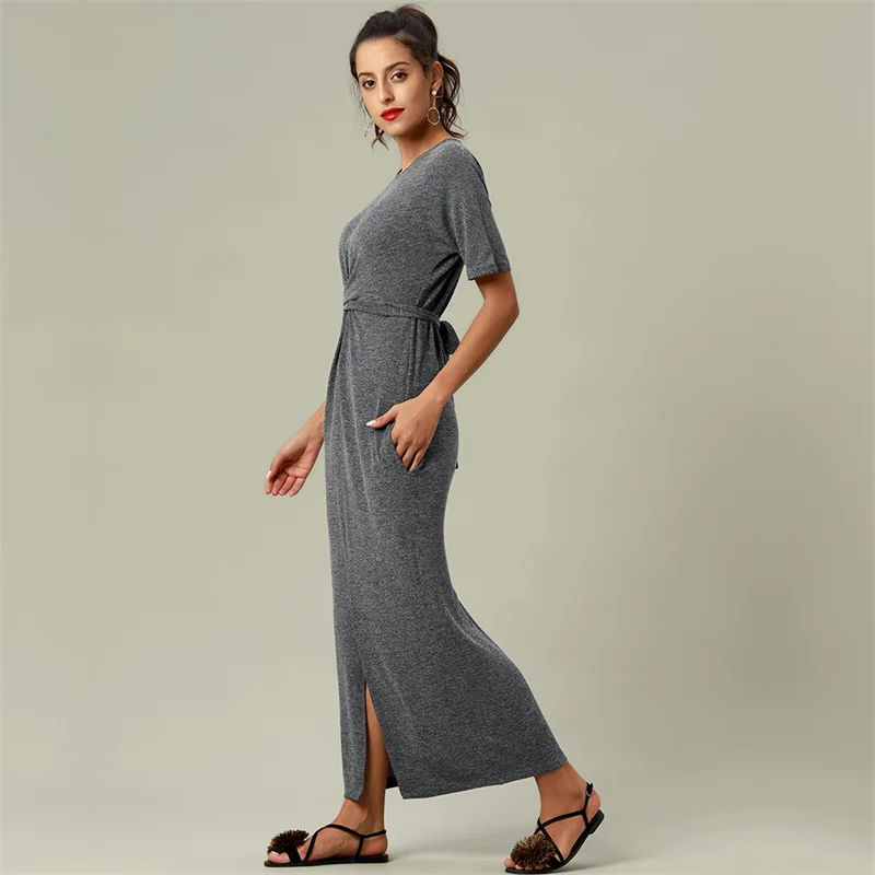 European Short Sleeve Night Dresses Women's Solid Color Long Nightdress Knitted Slim Ladies Nightgowns Summer Casual Nightshirt