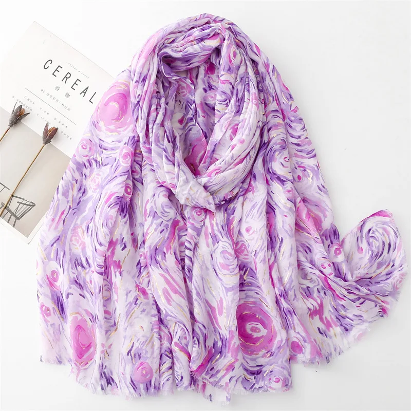 2024 Fashion Van Gogh Starry Sky Glitter Fringe Viscose Shawl Scarf Lady High Quality Wrap Pashmina Stole Bufandas Muslim Hijab