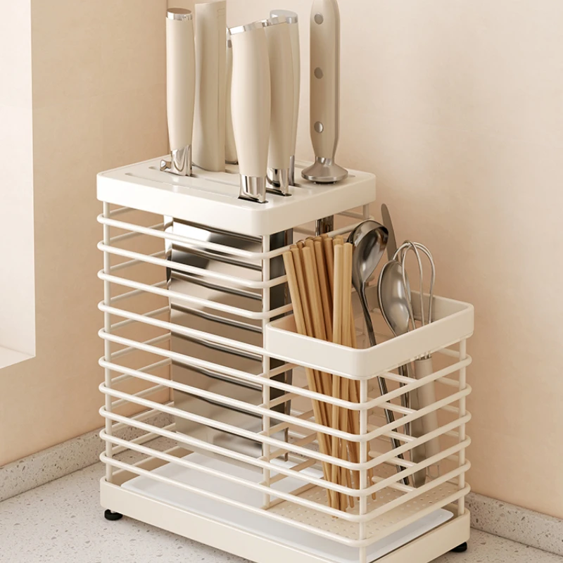Cream Aesthetic Stainless Steel Knife Block Organizer All-in-One Countertop Storage for Knives & Utensils Kitchen Tool Holder